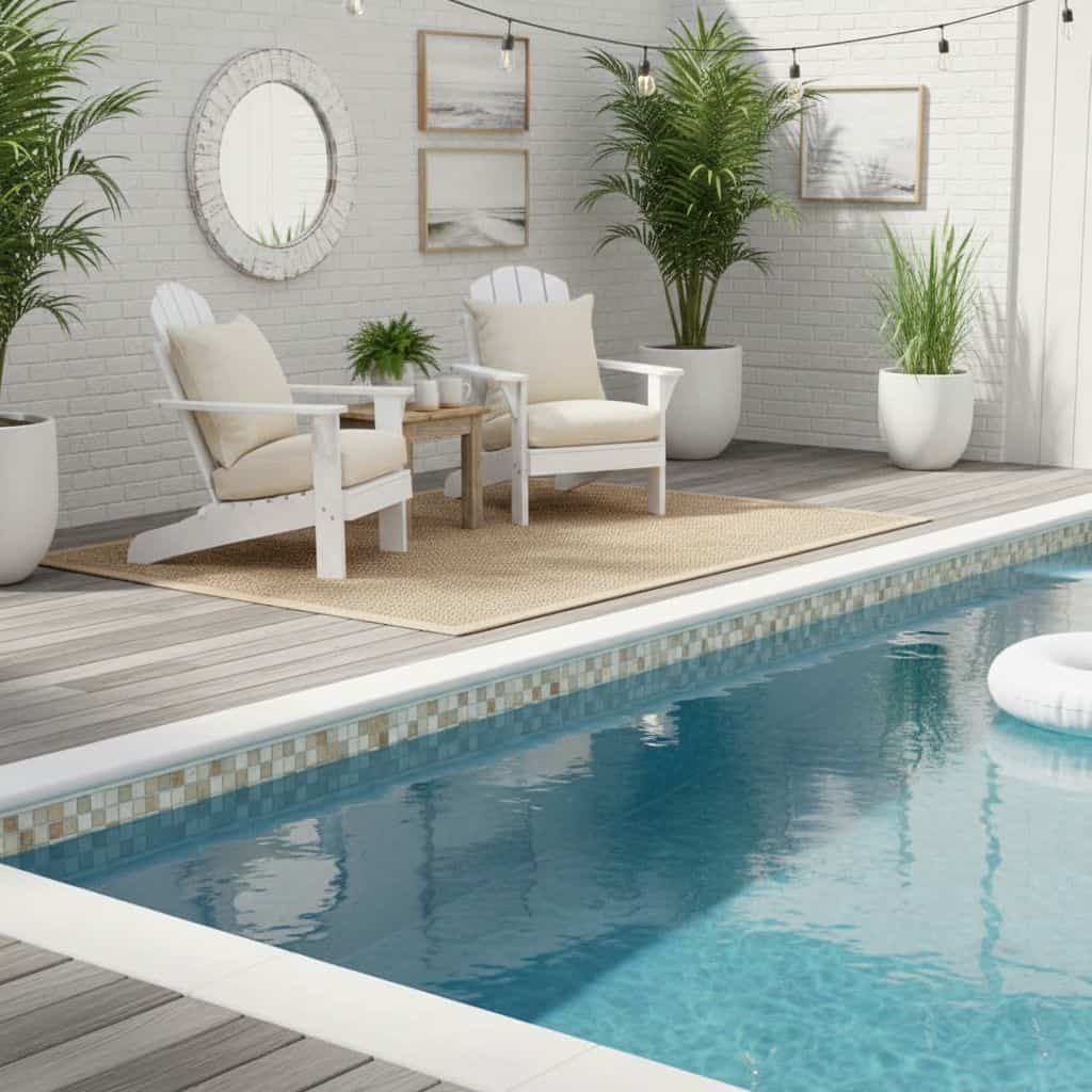 Pool with glass mosaic tile border and relaxing poolside lounge area.
