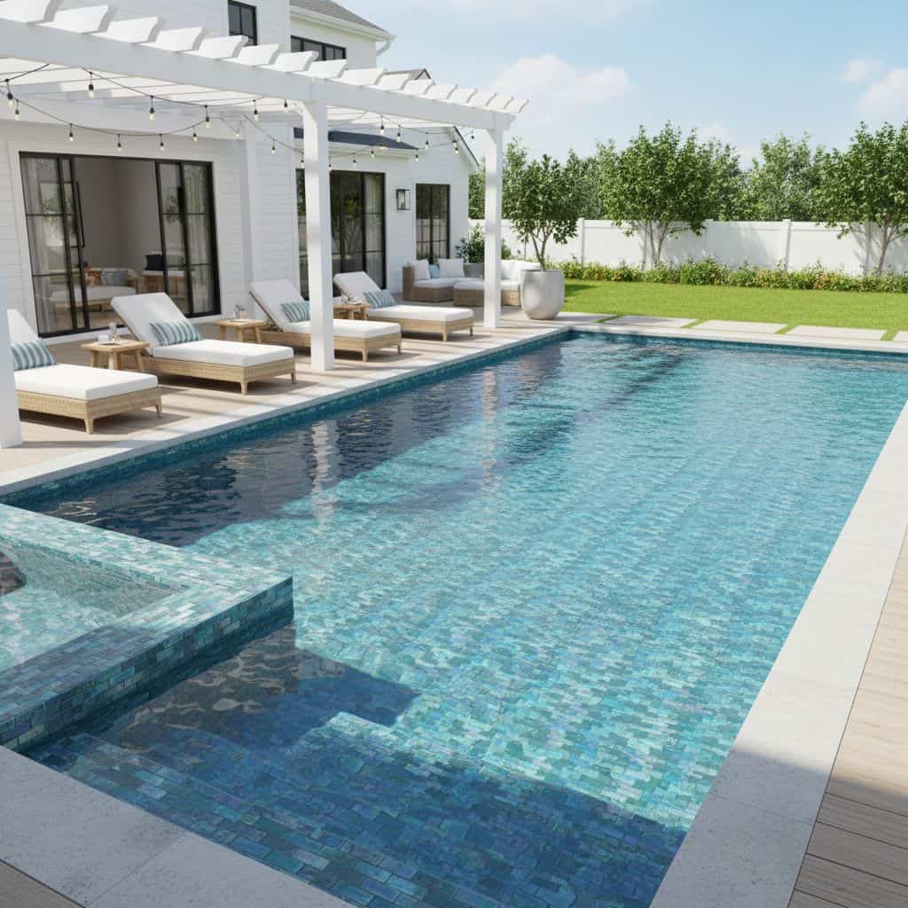 Modern backyard with a swimming pool featuring glass mosaic tiles and outdoor lounge area under a pergola.