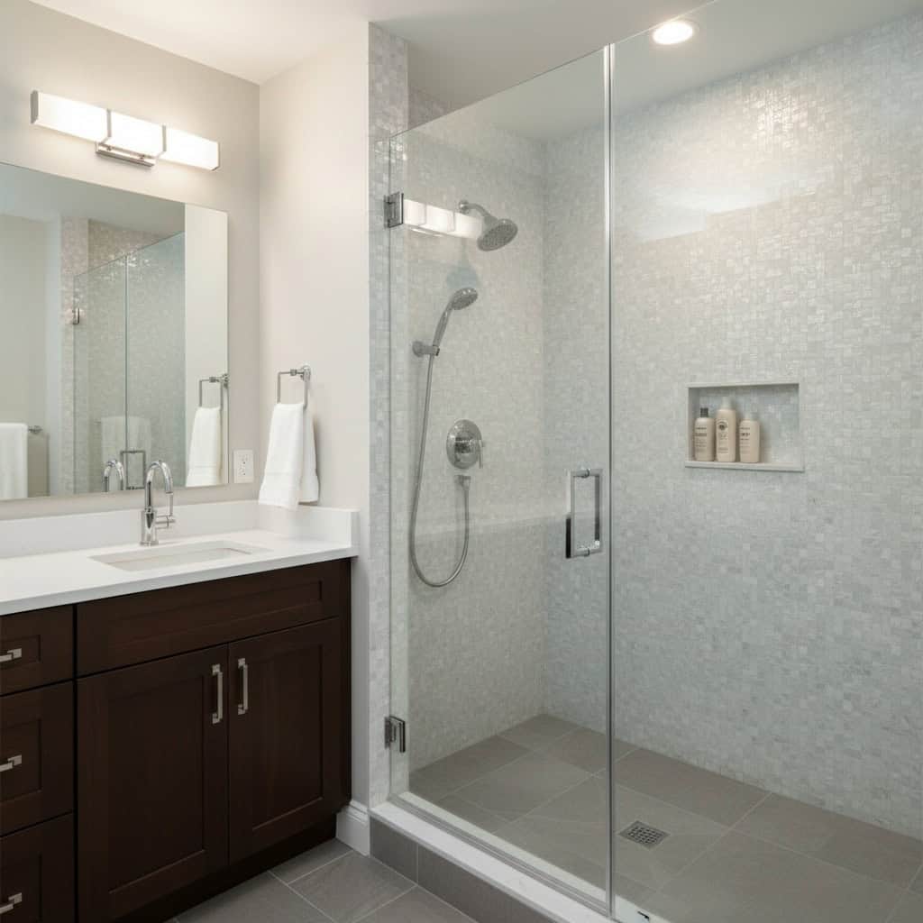 Mother of pearl shell tile decorates the shower area in a contemporary bathroom. Elegant, reflective, and natural, perfect fo.