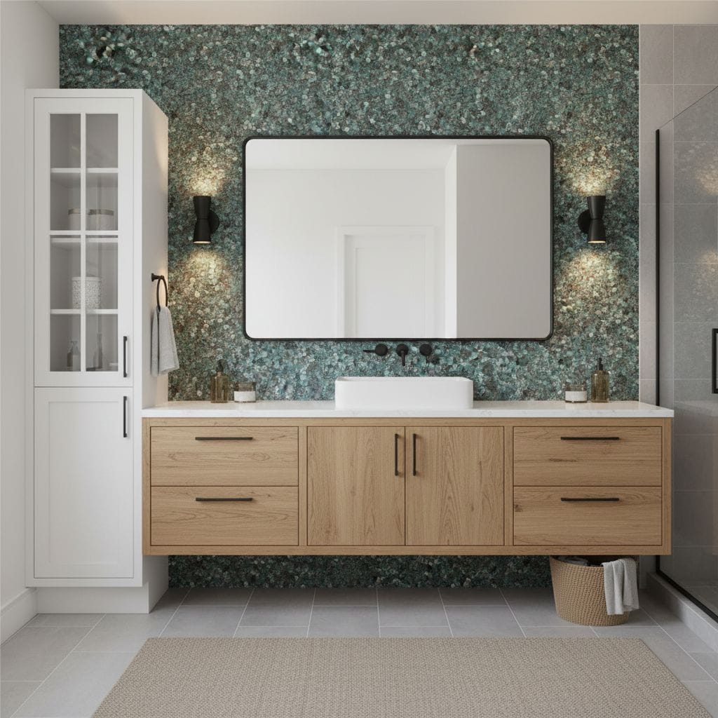 Mirror with peel and stick wall tile backsplash in a modern bathroom.