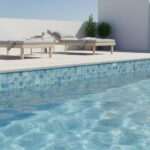 Bright blue glass mosaic tile for pool decoration and backsplash.