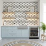 Bright kitchen with peel and stick tile backsplash and open wooden shelves.
