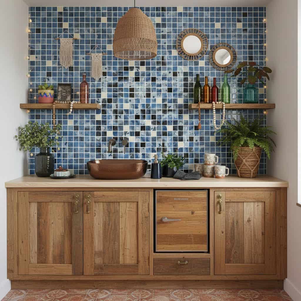Colorful glass mosaic tile backsplash with blue shades behind a wooden countertop and decor accents.