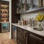 Elegant shell tile backsplash with mother of pearl accents in a modern kitchen setting.