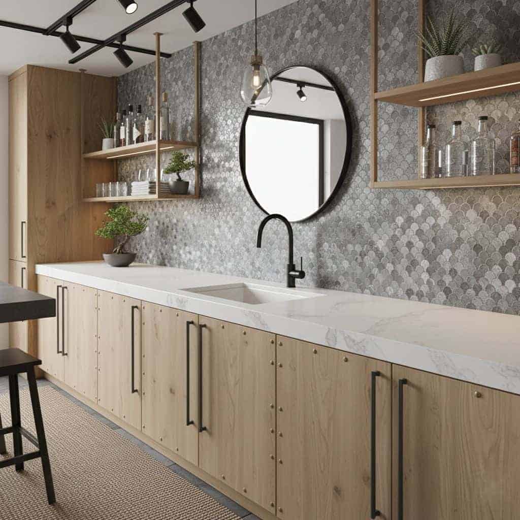 Peel and stick wall tile backsplash in a modern kitchen with wooden cabinets and decorative wall tiles. Easy DIY renovation.