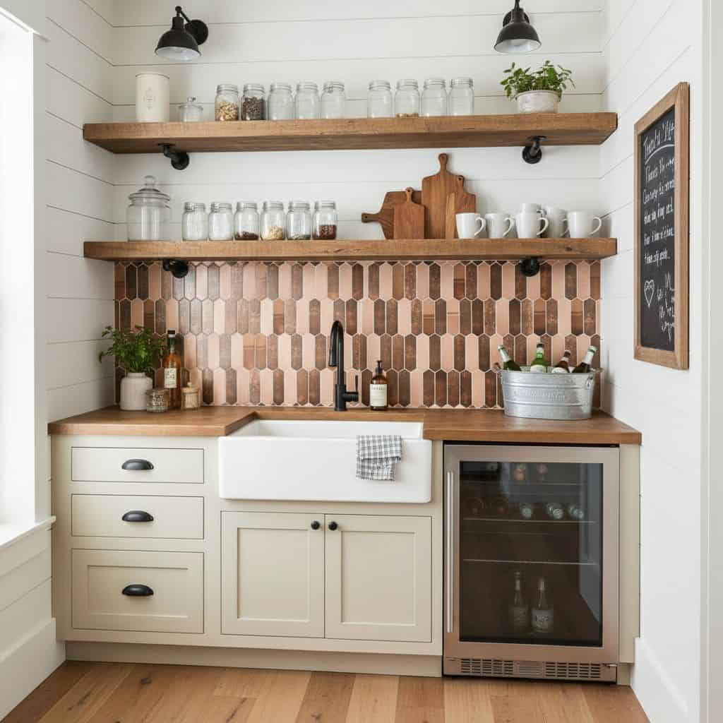 Image of a kitchen with peel and stick tile backsplash, wooden shelves, and white cabinetry.