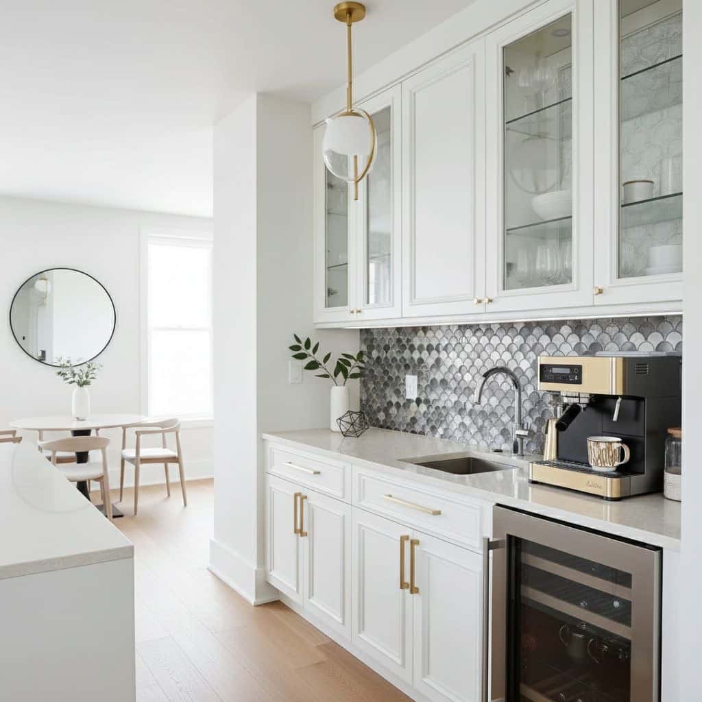 Bright kitchen featuring pearl shell tile backsplash, white cabinetry, and a coffee machine.