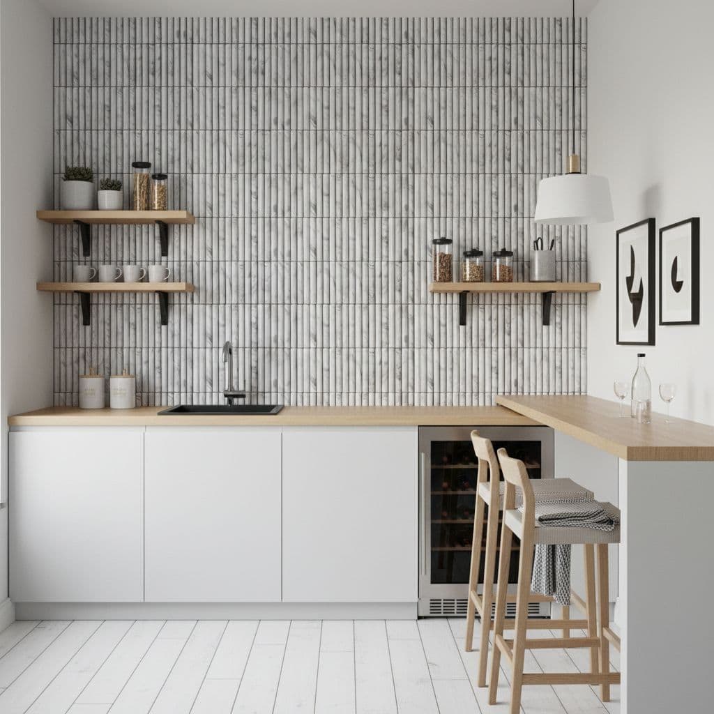 Bright white textured ceramic tiles with subtle vertical lines, creating a clean and contemporary look.
