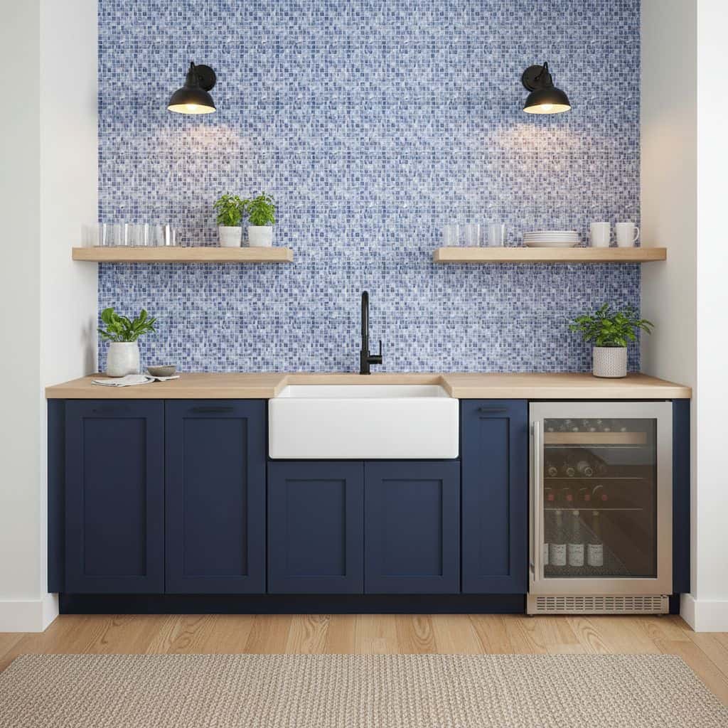 Bright blue glass tile backsplash in a modern kitchen with a white farmhouse sink and navy blue cabinets.