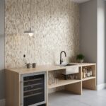 Mother of pearl shell tile used as a decorative backsplash in a modern kitchen setting.