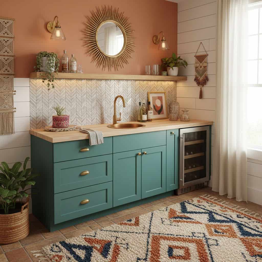 Bright kitchen with peel and stick tile backsplash, teal cabinetry, and decorative wall accents. Perfect for easy home update.