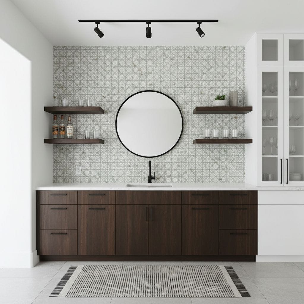 Modern kitchen with peel and stick tile backsplash, dark wood cabinets, and minimalist decor. Easy DIY wall tile solution for.