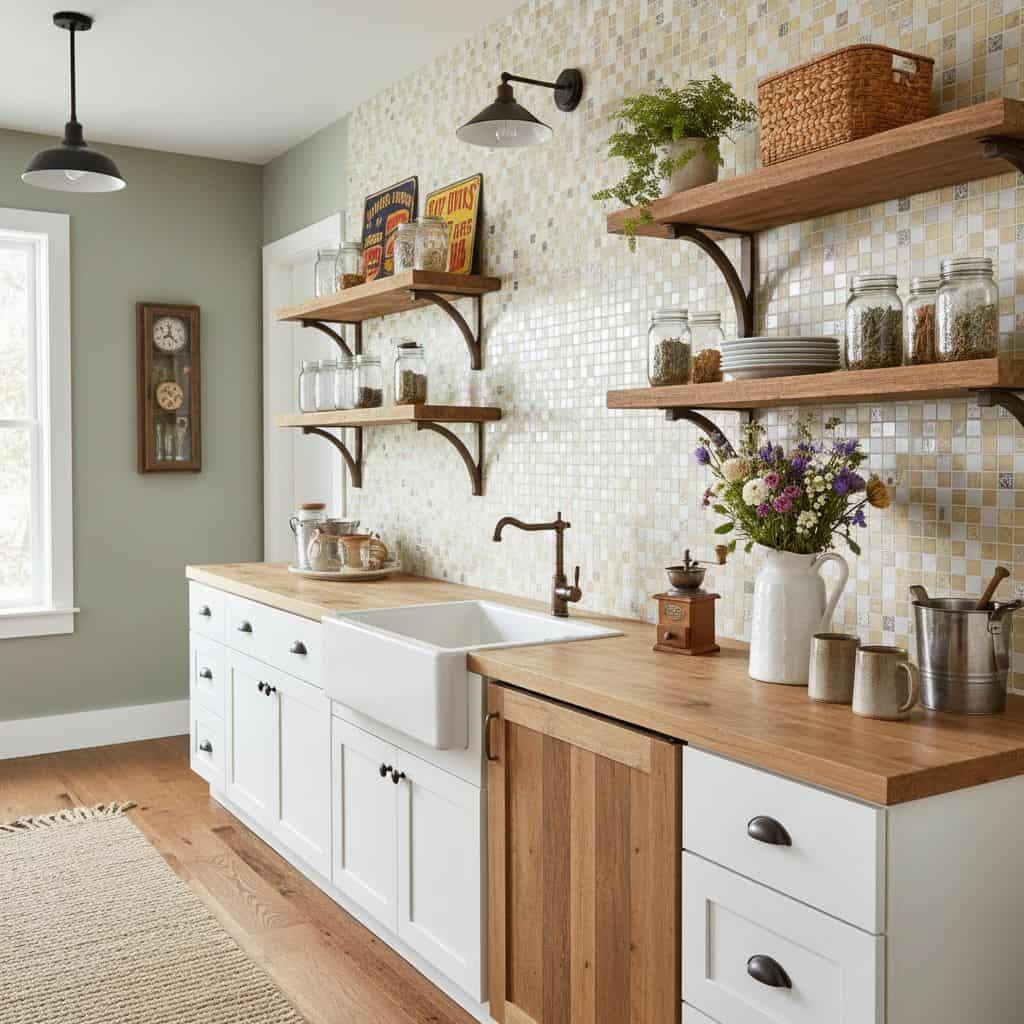 Bright kitchen with glass tile backsplash, open wooden shelves, and decorative jars and plants.