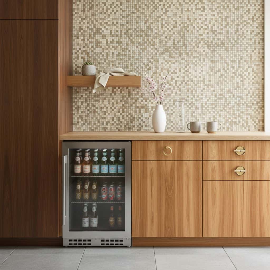 Peel and stick wall tile backsplash in a modern kitchen with wooden cabinetry and a mosaic tile accent wall.