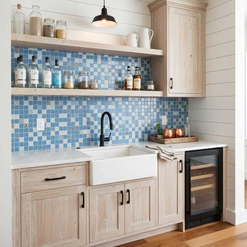 Blue glass tile backsplash in modern kitchen with open shelving and farmhouse sink.