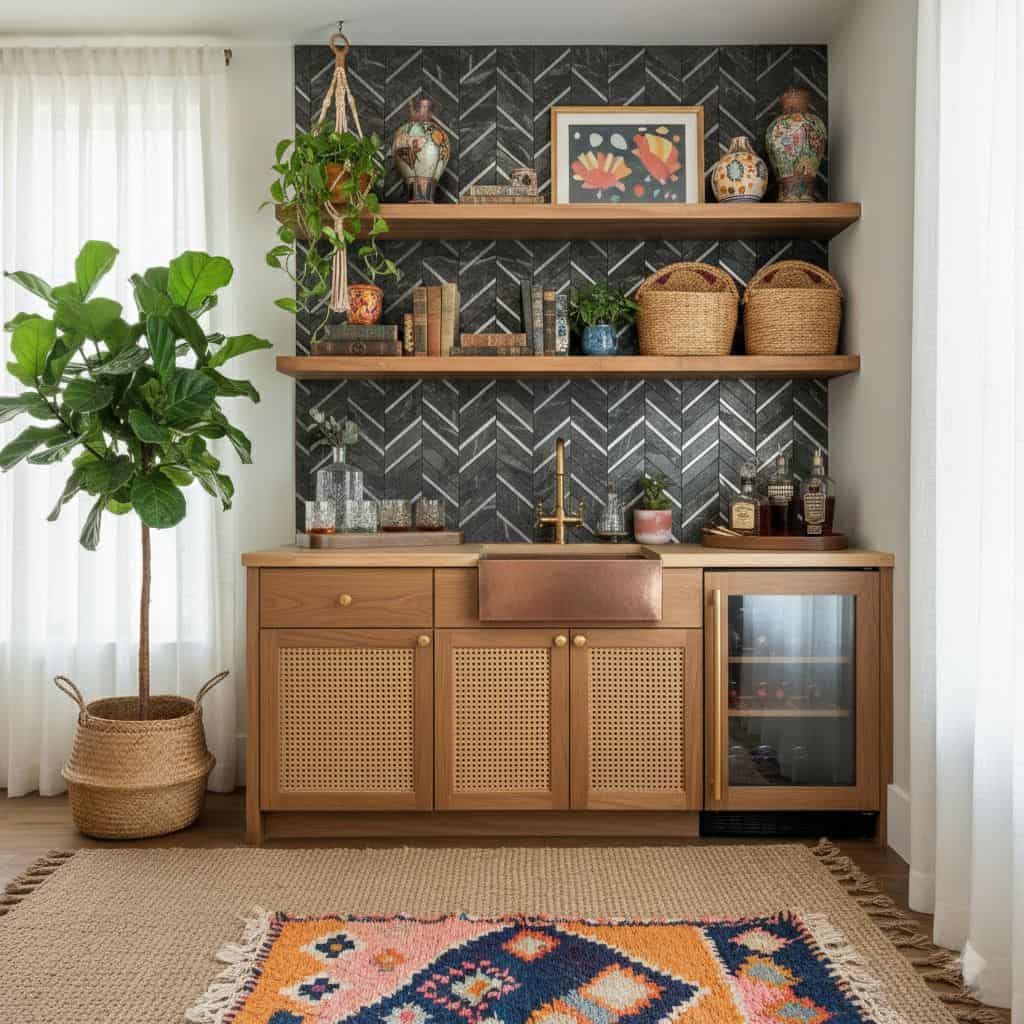 Decorative peel and stick tile backsplash in a modern kitchen setting.