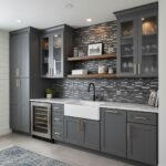 Image of a modern kitchen with peel and stick tile backsplash and gray cabinetry.