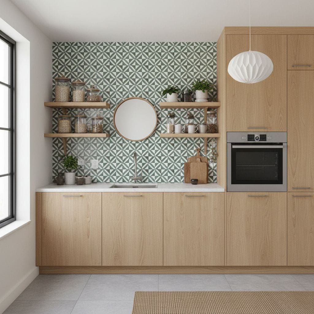 Modern kitchen with peel and stick wall tiles, open shelves, and natural wood cabinetry.