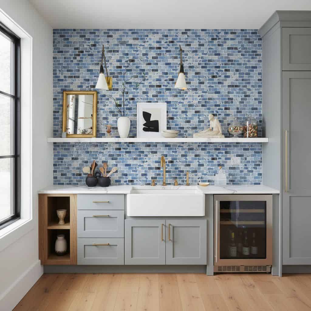 Blue glass tile backsplash in a contemporary kitchen with white cabinets, gold fixtures, and decorative accessories.