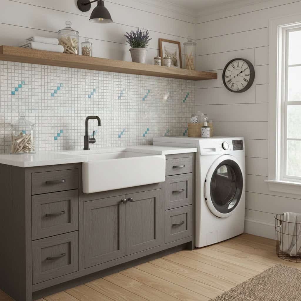 Bright laundry space featuring pearl shell tile accents and a farmhouse sink.