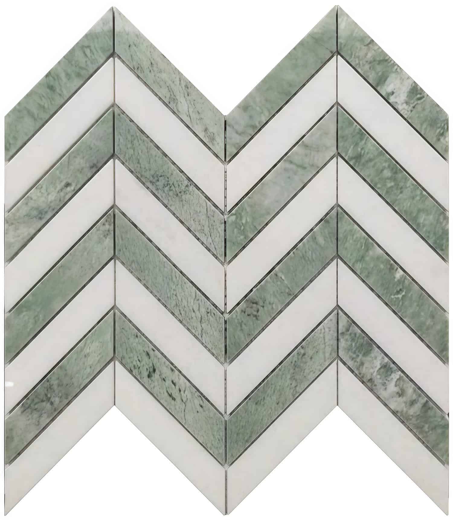 Green marble herringbone tile with textured surface and polished finish.