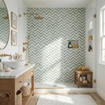 Green and white chevron patterned wall tile in a modern bathroom shower.