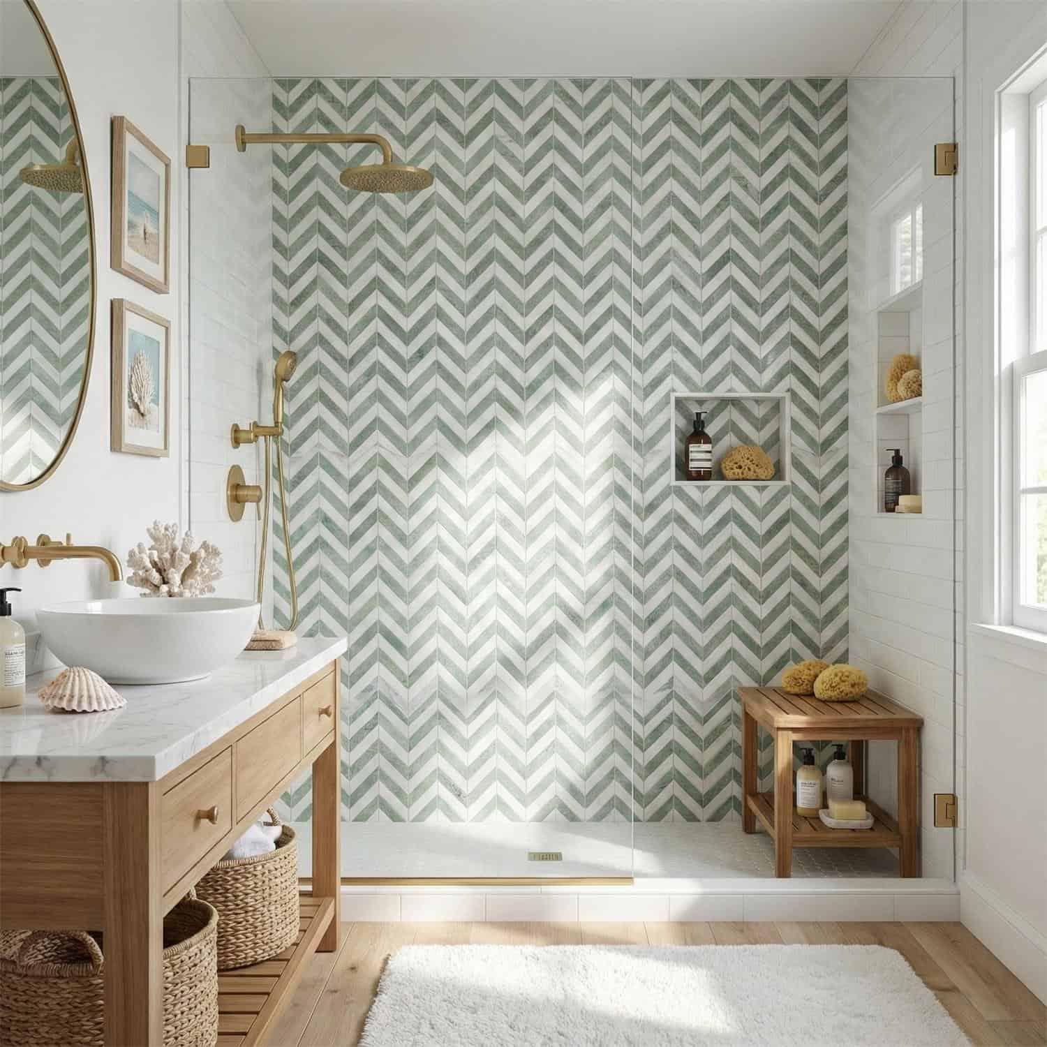 Green and white chevron patterned wall tile in a modern bathroom shower.