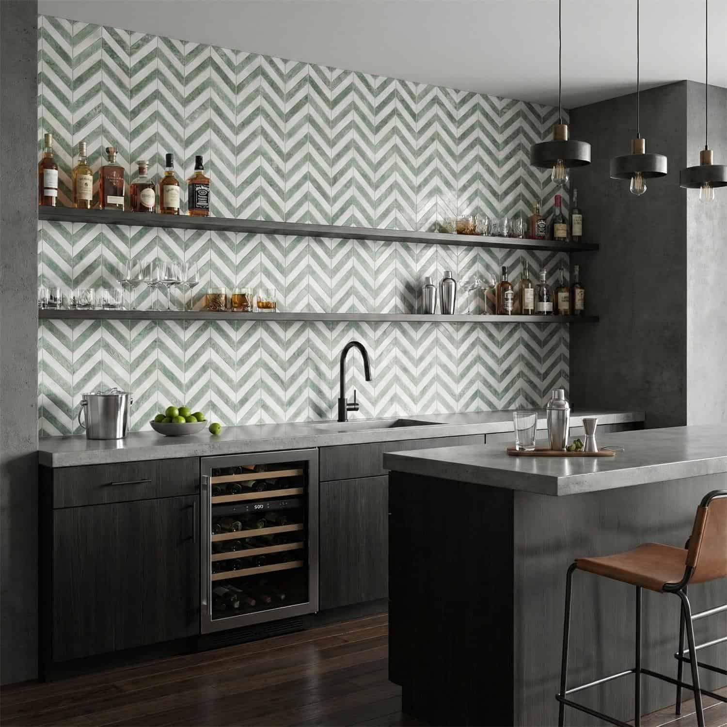 Chevron patterned tile in shades of green and white, with a matte finish and textured surface.