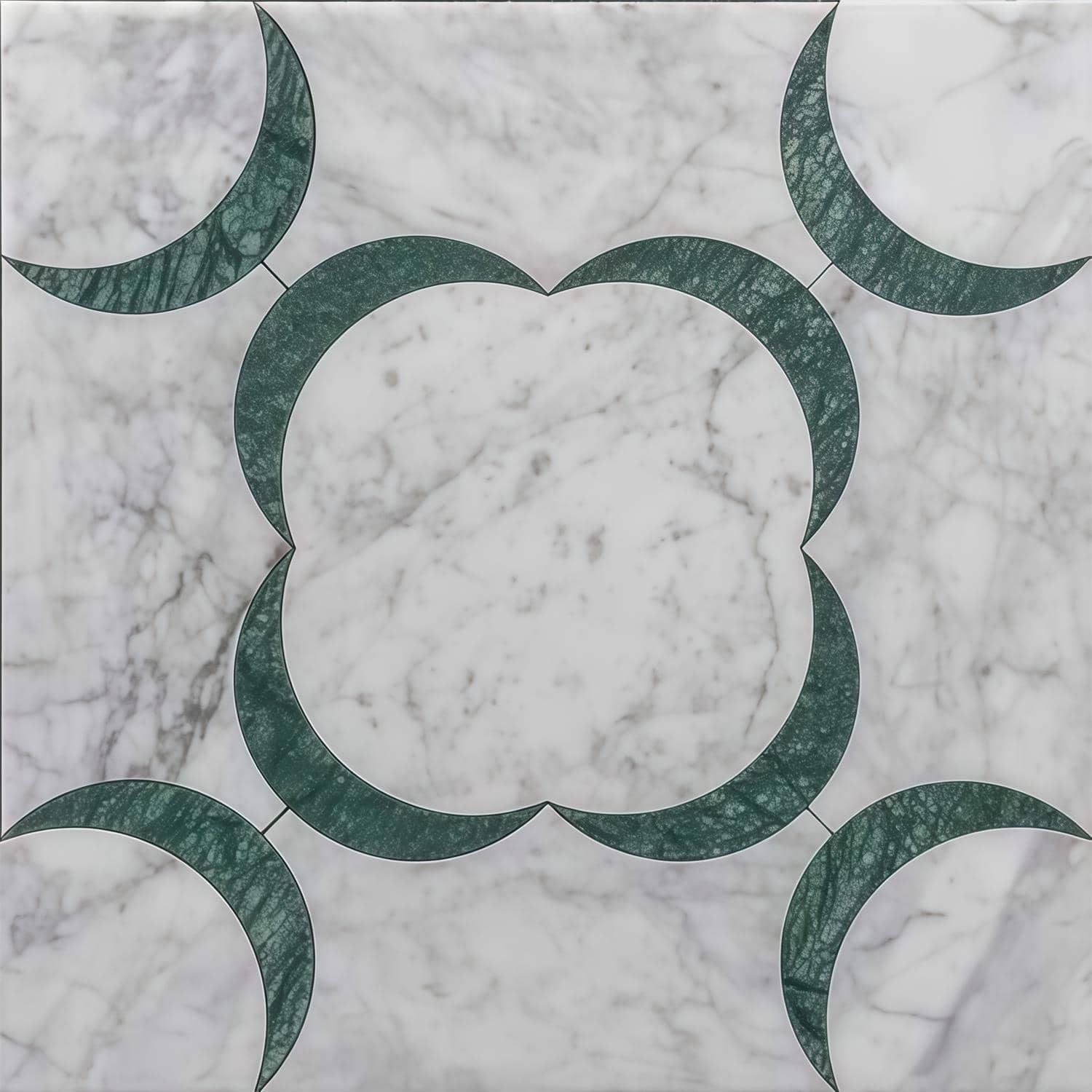 Marble tile featuring a moon and cloud pattern in green and white colors, with a smooth, polished texture.