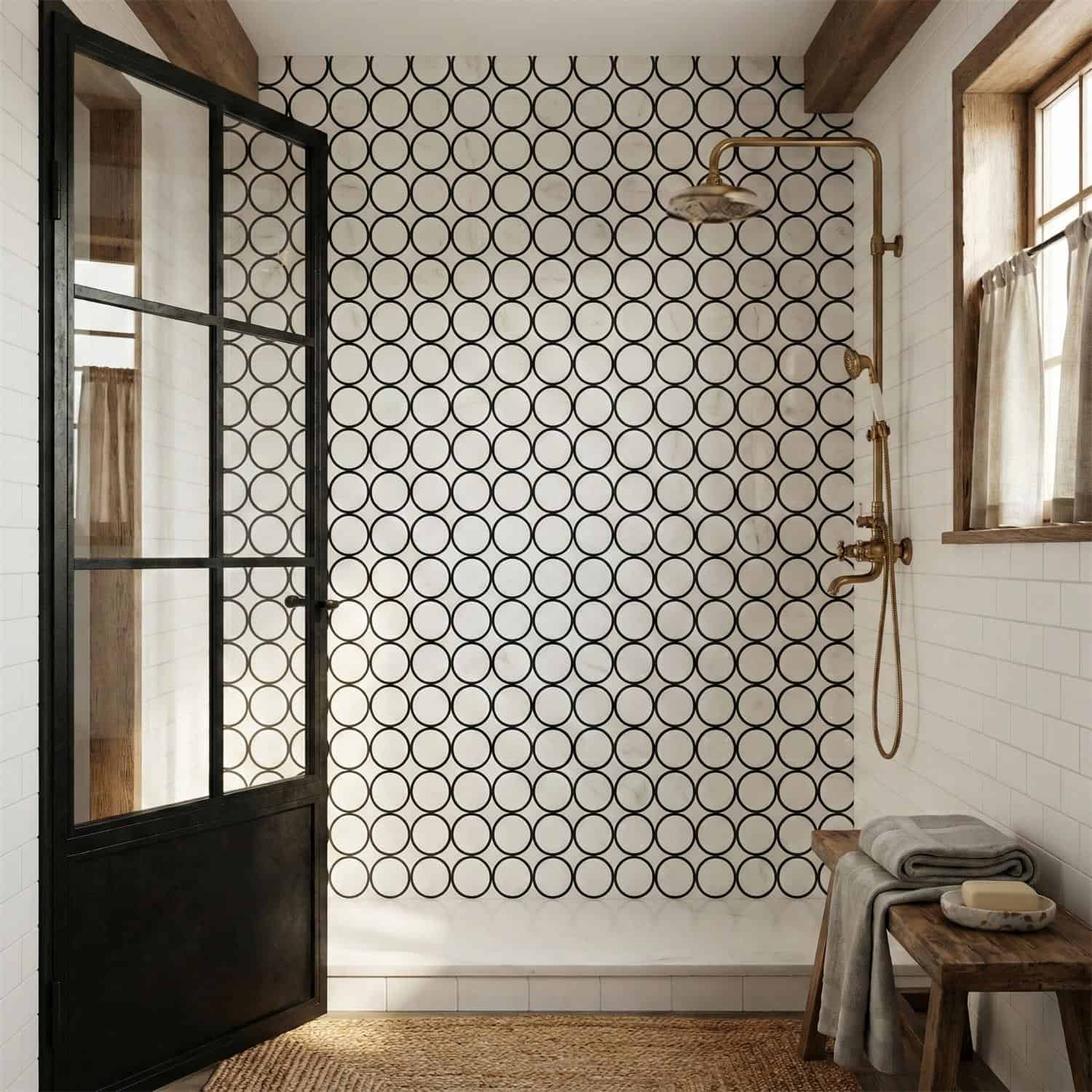 Black circular tiles with matte finish in shower wall.