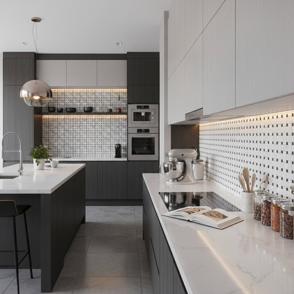 Bright kitchen with gray and white mosaic tiles, smooth countertops, and sleek cabinetry.