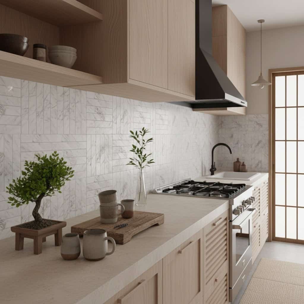 Light gray marble tile with subtle veining, textured surface, and sleek appearance. Perfect for contemporary kitchen backspla.