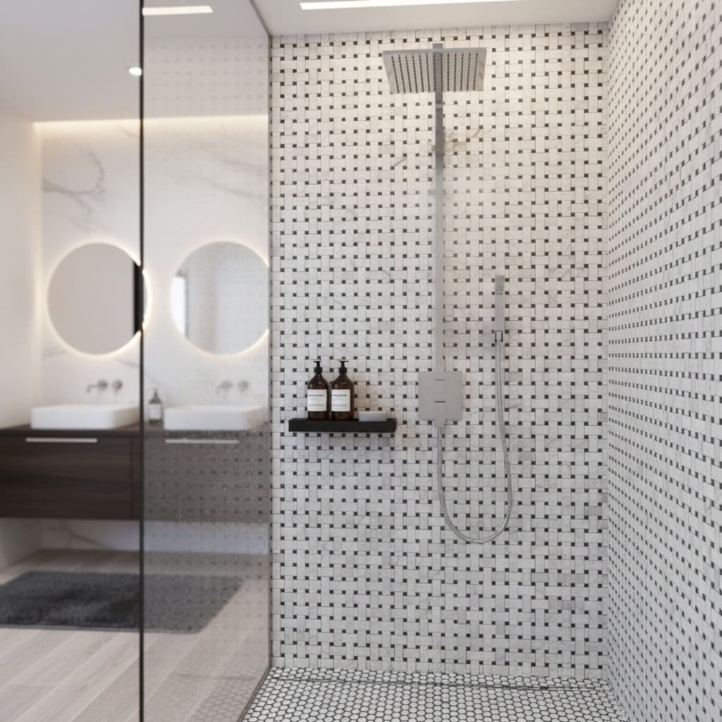 White mosaic tiles with small black accents, textured surface, modern design.