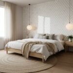 Soft beige and cream tones with textured wallpaper and plush bedding.