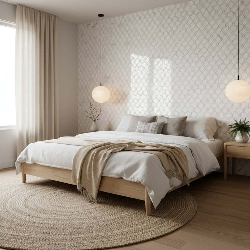Soft beige and cream tones with textured wallpaper and plush bedding.
