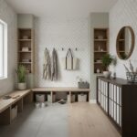 Beige and gray textured tiles with wooden shelves and accents, creating a warm, contemporary bathroom atmosphere.