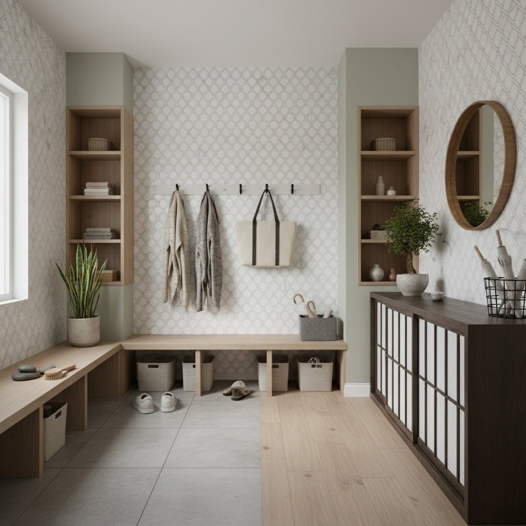 Beige and gray textured tiles with wooden shelves and accents, creating a warm, contemporary bathroom atmosphere.
