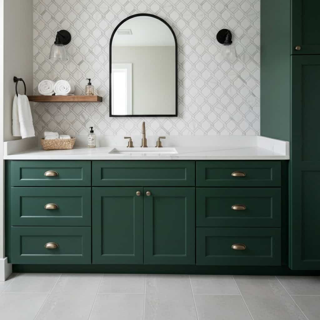 Green cabinetry with silver hardware, white countertop, and black wall-mounted lights.