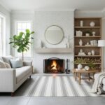 Bright, neutral-toned living room with a white sofa, patterned wallpaper, and a modern fireplace. Wooden shelves with decorat.