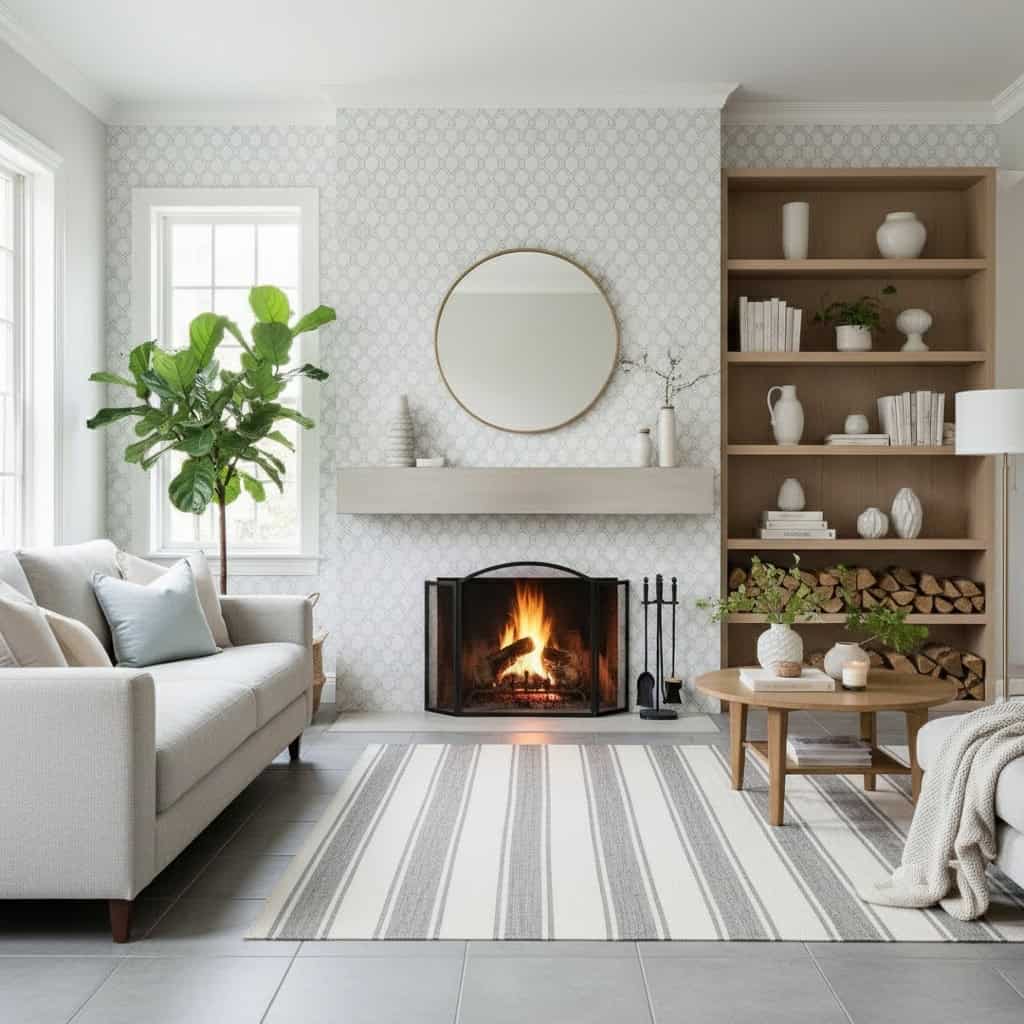 Bright, neutral-toned living room with a white sofa, patterned wallpaper, and a modern fireplace. Wooden shelves with decorat.