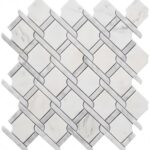 White marble herringbone tile with gray veining, smooth texture, and glossy finish.