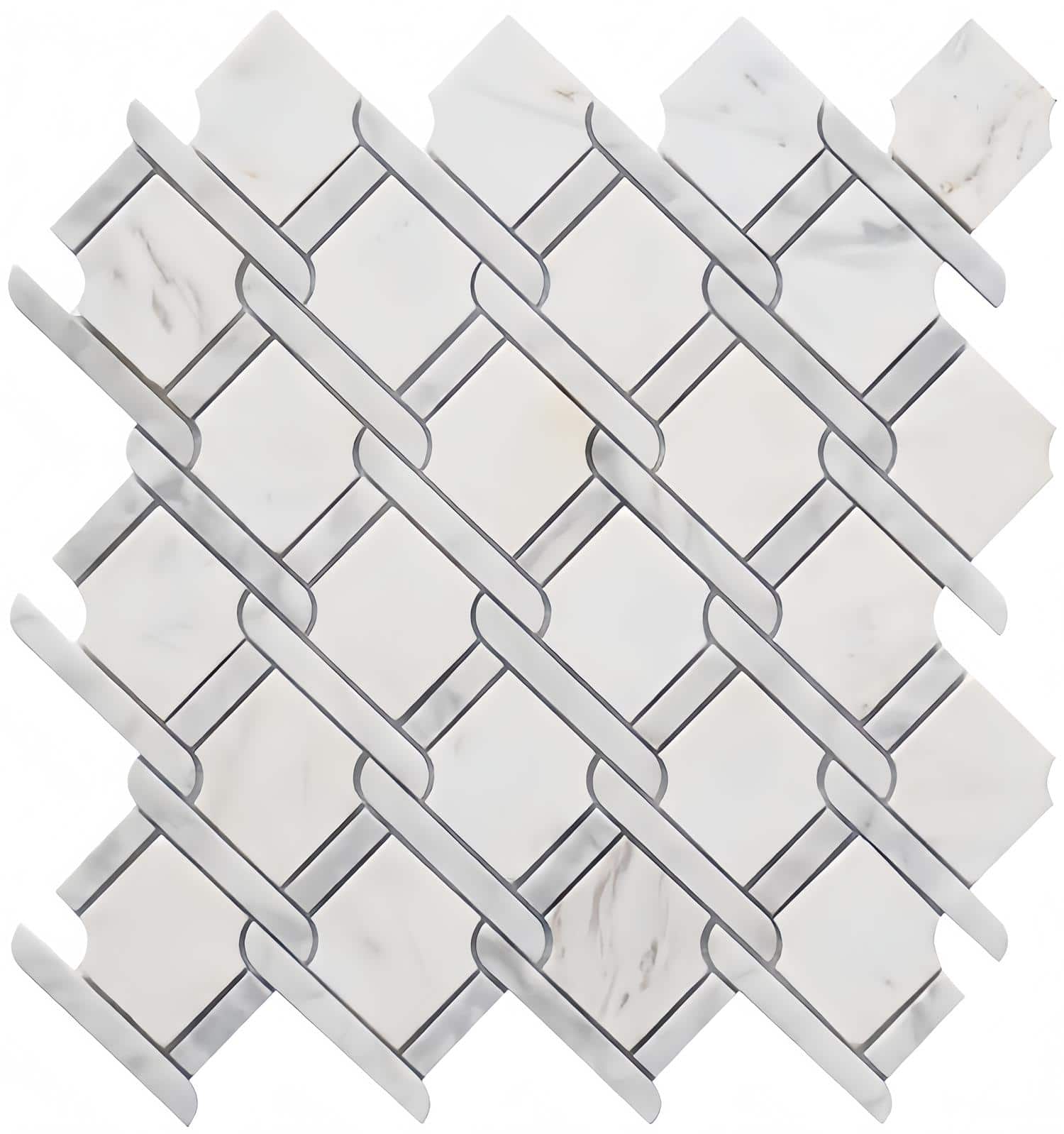 White marble herringbone tile with gray veining, smooth texture, and glossy finish.