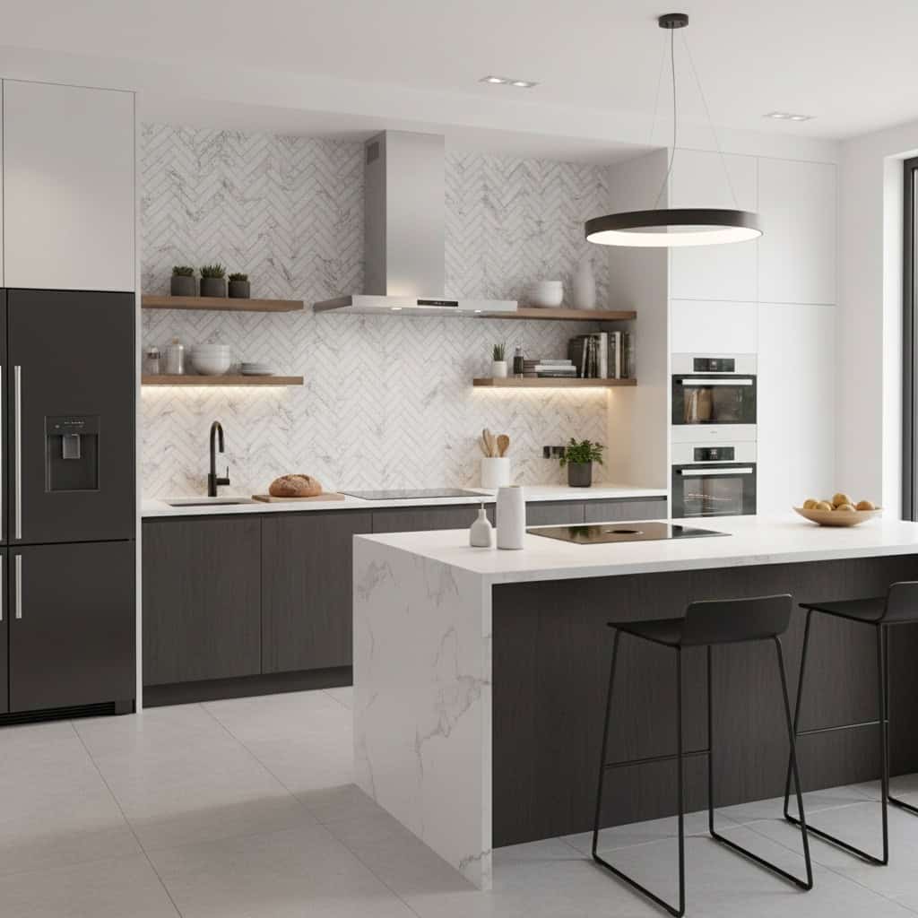 White herringbone tile with textured surface, sleek and modern for kitchen backsplashes.