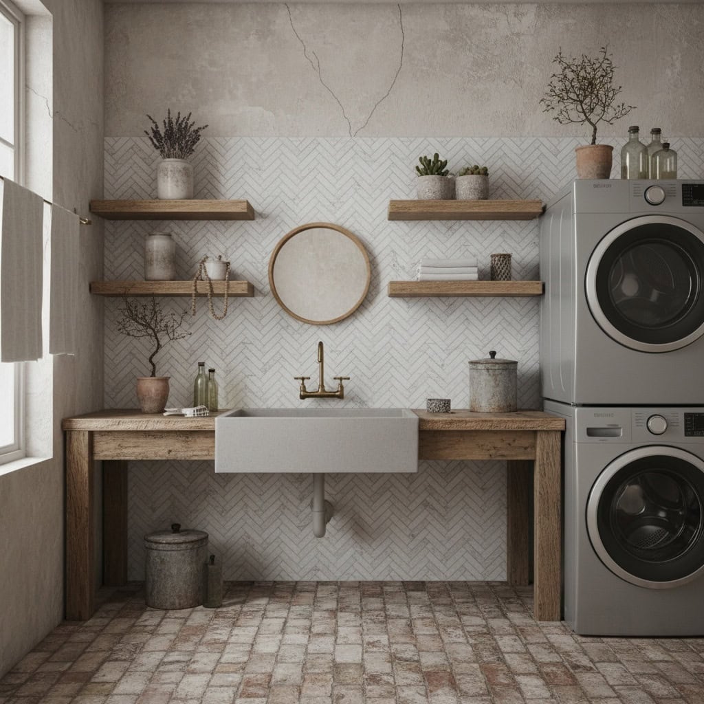 Bright laundry room with brick tile flooring, wooden shelves, and a farmhouse sink. Features neutral tones and natural textur.