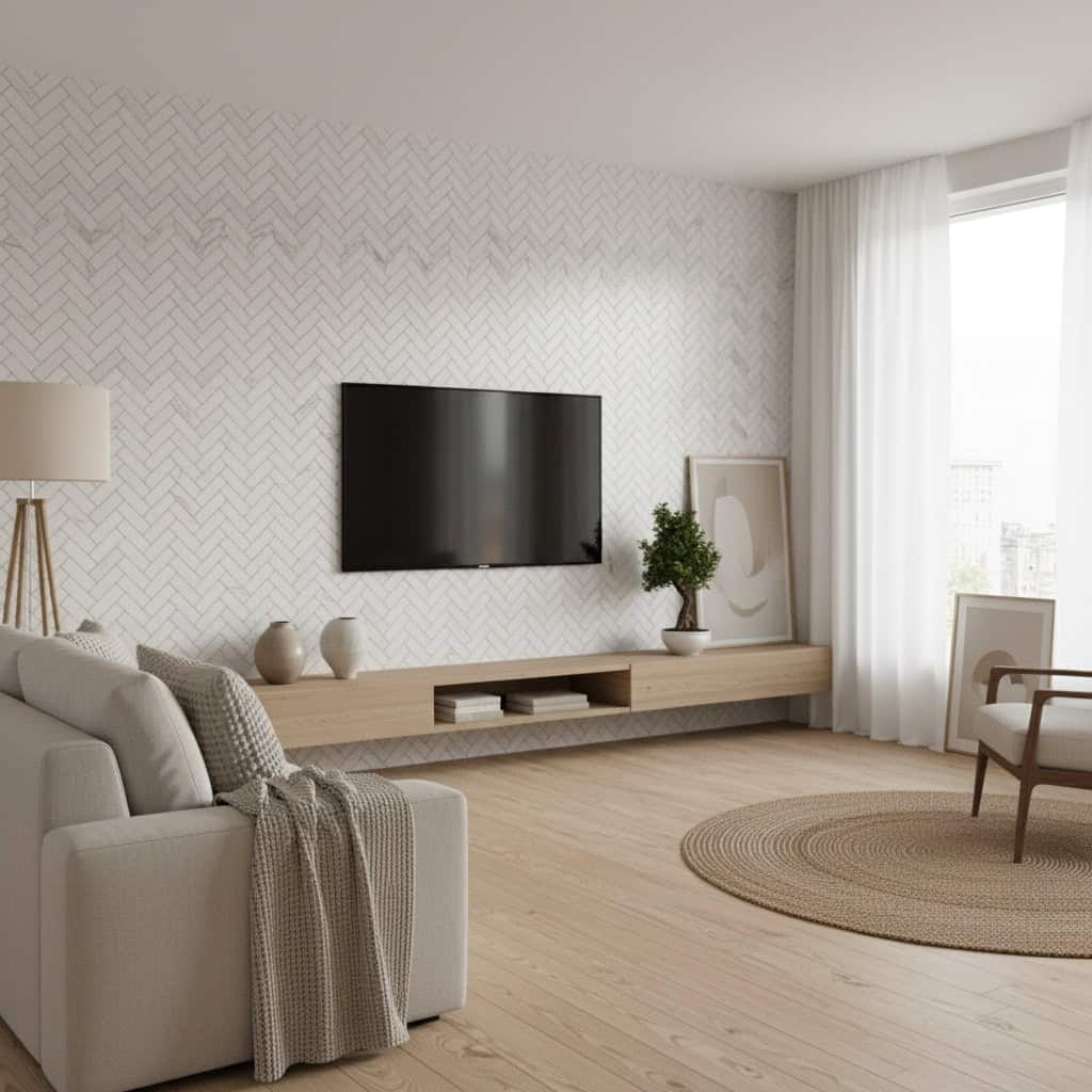 Bright white herringbone textured wall tile with a matte finish.
