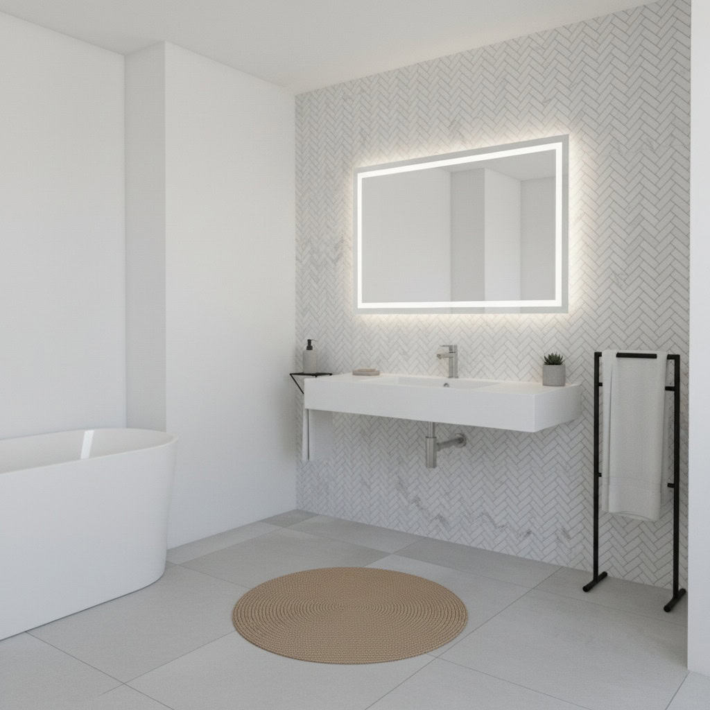 Bright white bathroom with textured wall tiles, illuminated mirror, and minimalist fixtures. Features a freestanding bathtub.