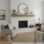 Bright living room featuring a white fireplace, round mirror, and wooden accents.
