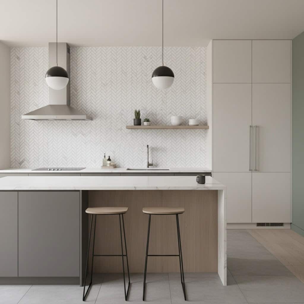 Bright white kitchen with textured backsplash and minimalist design, featuring pendant lights, a wooden countertop, and sleek.