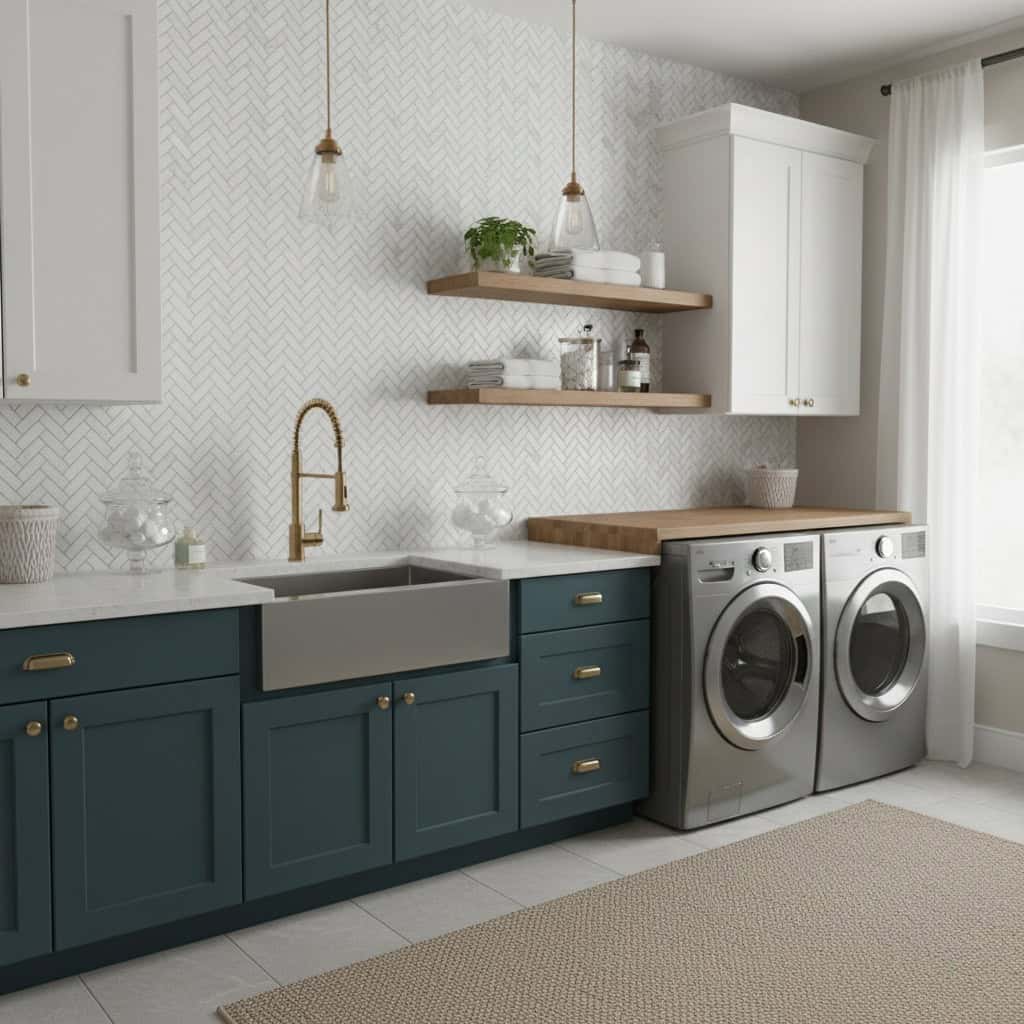 Bright blue kitchen cabinets with a farmhouse sink and gold hardware, white wall tiles, and open wooden shelves.