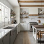 Bright kitchen featuring gray and white tiles, wooden shelves, and a cozy, inviting atmosphere. Perfect for contemporary home.
